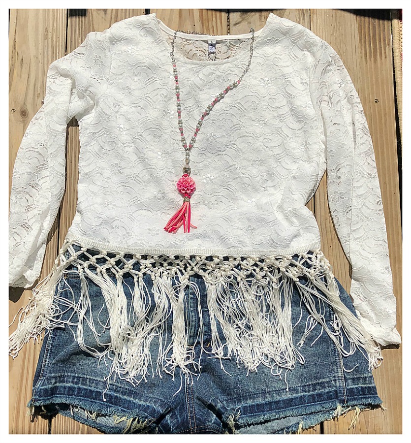 BOHEMIAN COWGIRL TOP White Tassel Fringe on Long Sleeve White Lace Blouse ONLY 1 LEFT! S/M