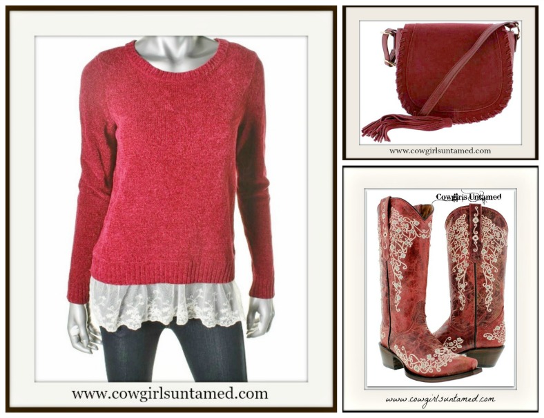 Lace Trim RED Designer Pullover Sweater by OH MG, oh mg, oh mg, red ...