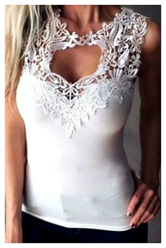 THE JULIANNE TOP White Lace Keyhole Neckline Sleeveless Stretchy Top M-2X