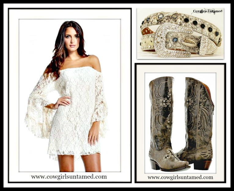 COWGIRL GYPSY White Stretchy Lace Off the Shoulder Long Sleeve Western