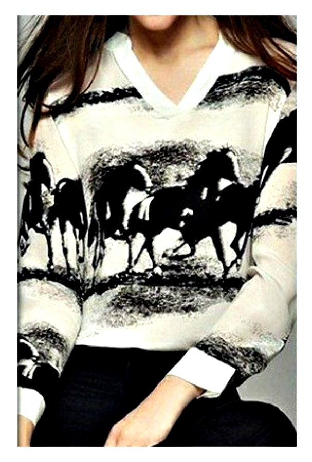 SALE COWGIRL STYLE TOP Running Black Horse V Neck White Western Blouse 2 LEFT SIZE L/XL