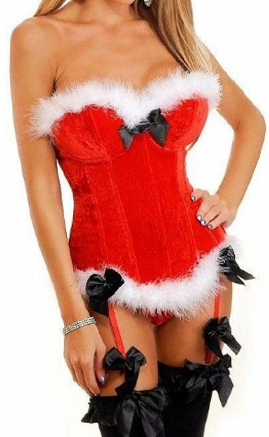 MS SANTA CORSET - White Fur Trim on Red Velvet and Black Bow Western Corset Top 2 LEFT L or XL