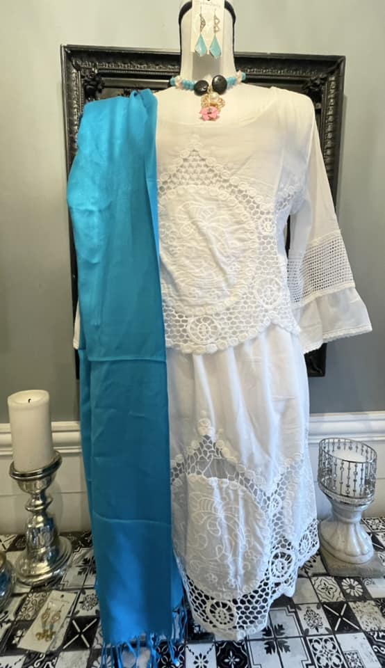 THE ANOUK DRESS White Lace 3/4 Sleeve Scalloped Hem Boho Summer Dress M&3X ONLY 3 left!