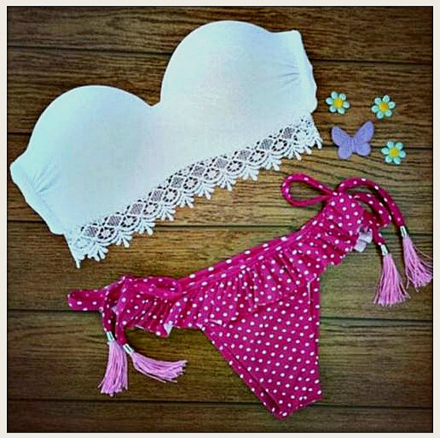 WILDFLOWER BIKINI White Lace Trim Padded Underwire Bandeau Top Pink Polka Dot String Bikini with Tassel ONLY SIZE L LEFT!