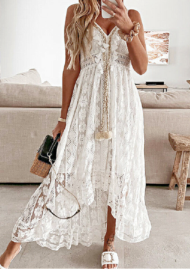 THE MEADOW DRESS White or Off White Floral Lace V Neck Smocked Back Sleeveless Boho Midi Dress S-2XL