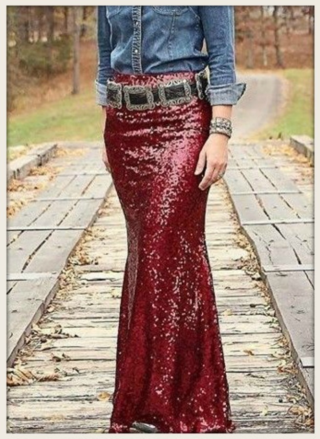 Red Wine Sequin Long Maxi Skirt, wine 