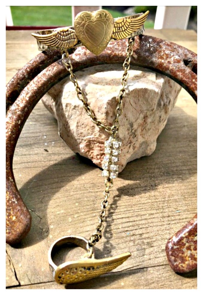 WINGS of FREEDOM BRACELET SET Handmade Rhinestone Golden Heart & Angel Wing Vintage Bracelet & Ring