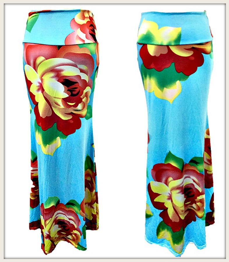BOHEMIAN COWGIRL SKIRT Yellow & Red Floral Aqua Blue Long A-Line Boho Maxi Skirt 2 LEFT! M or L
