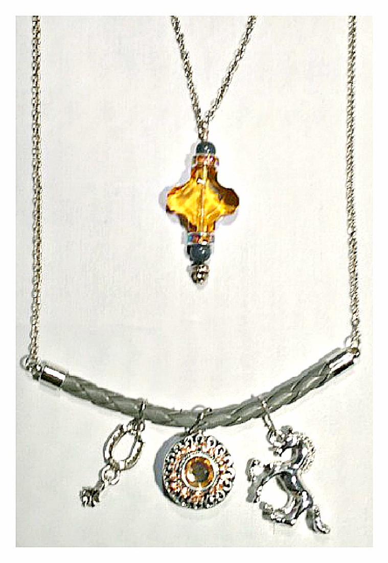 COWGIRL STYLE NECKLACE Silver Horse Yellow Crystal Snap & Horseshoe Charms Leather & Silver Chain Necklace