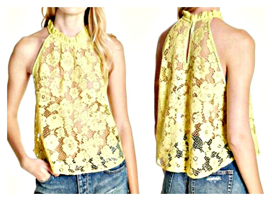 THE MIRANDA TOP High Neck Sheer Sleeveless Chartreuse Lace Blouse by FREE PEOPLE