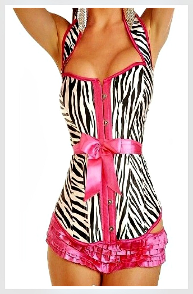 CORSET - Hot Pink Trim and Belt on Black  & White Zebra Lace Up Back Corset Top LAST ONE XL