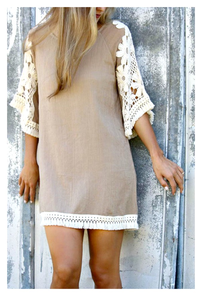Boho 100% cotton Fringe soft shirt dress pockets cream