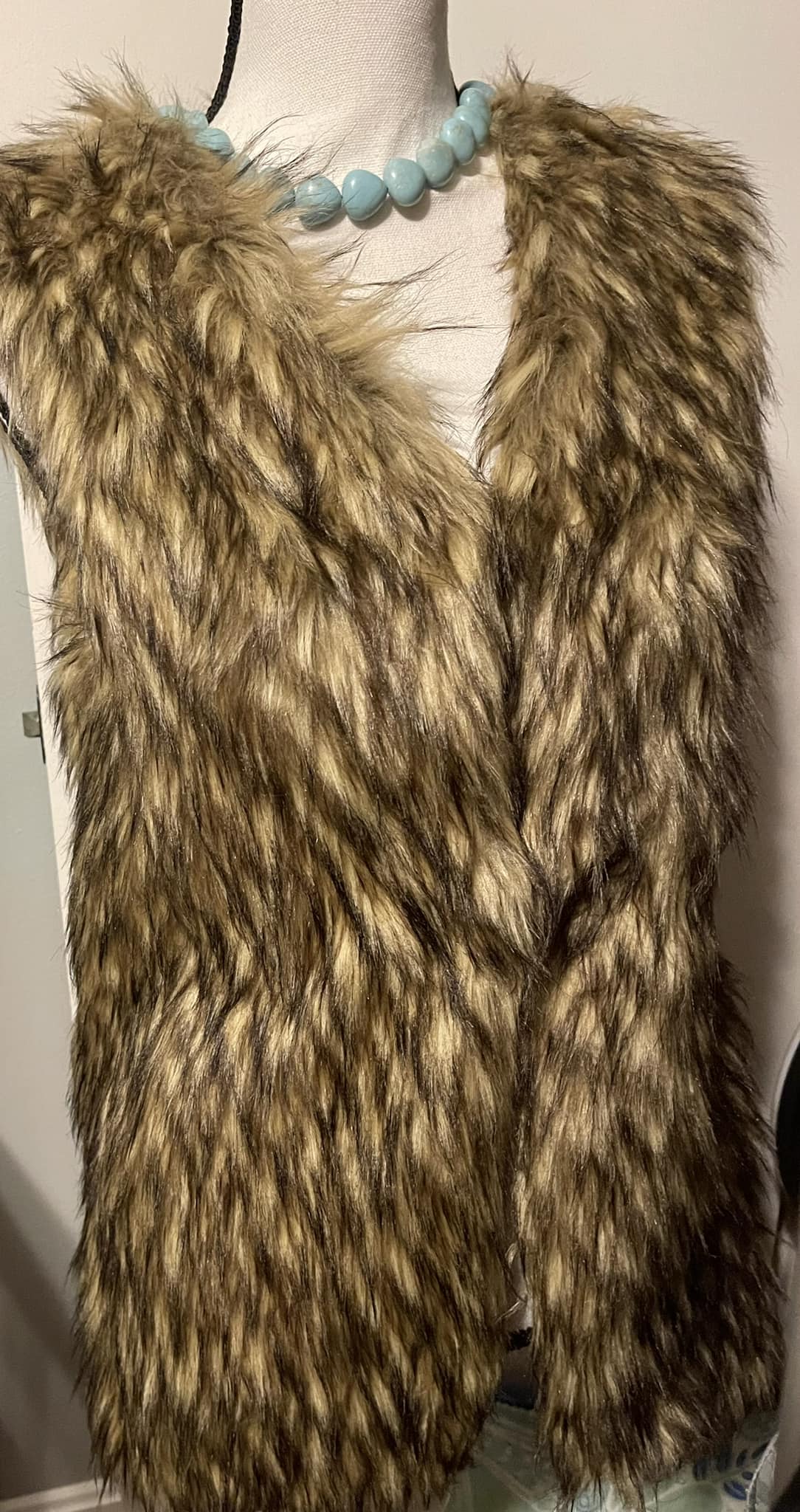 THE CHICA VEST Brown & Tan Lined Long Open Faux Fur Womens Vest  LAST ONE! S