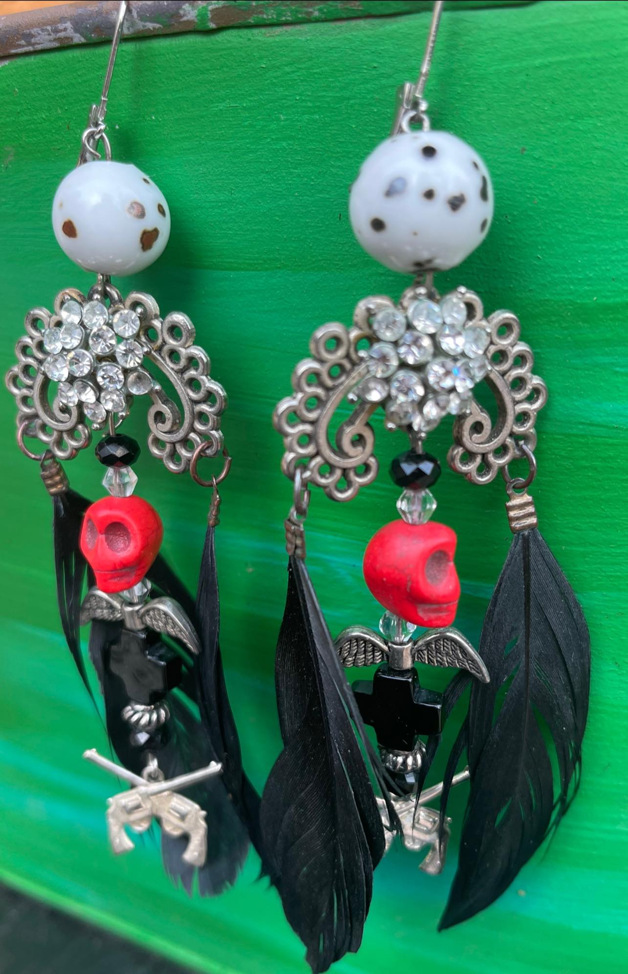 COWGIRLS ROCK EARRINGS Handmade Black Feather Beaded Red Skull Cross Crystal Pistol Charm  Silver Rhinestone Big Earrings