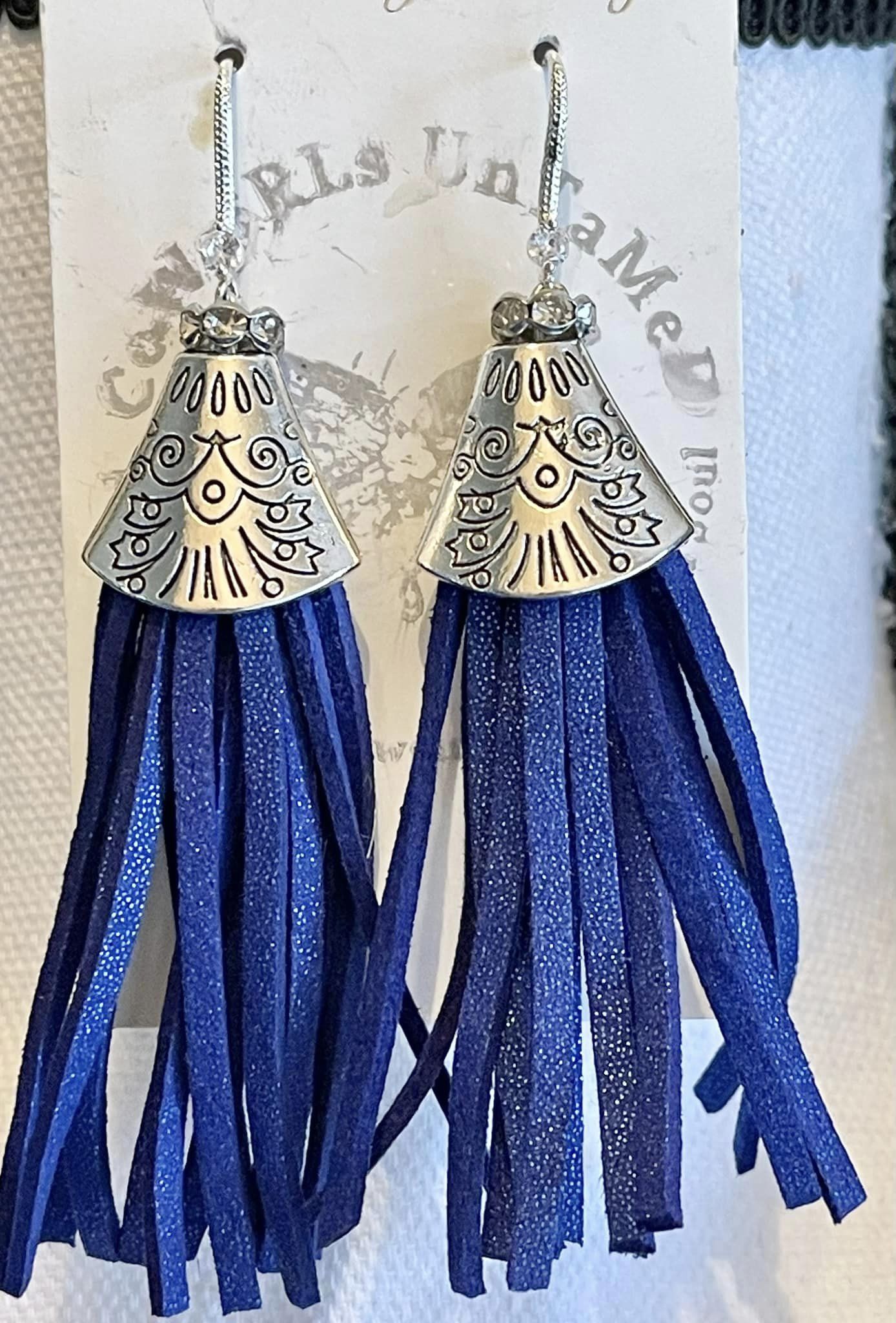IN THE FRINGE EARRINGS Handmade Sparkly Blue Deerskin Leather Fringe Tassel Silver Rhinestone Dangle Earrings
