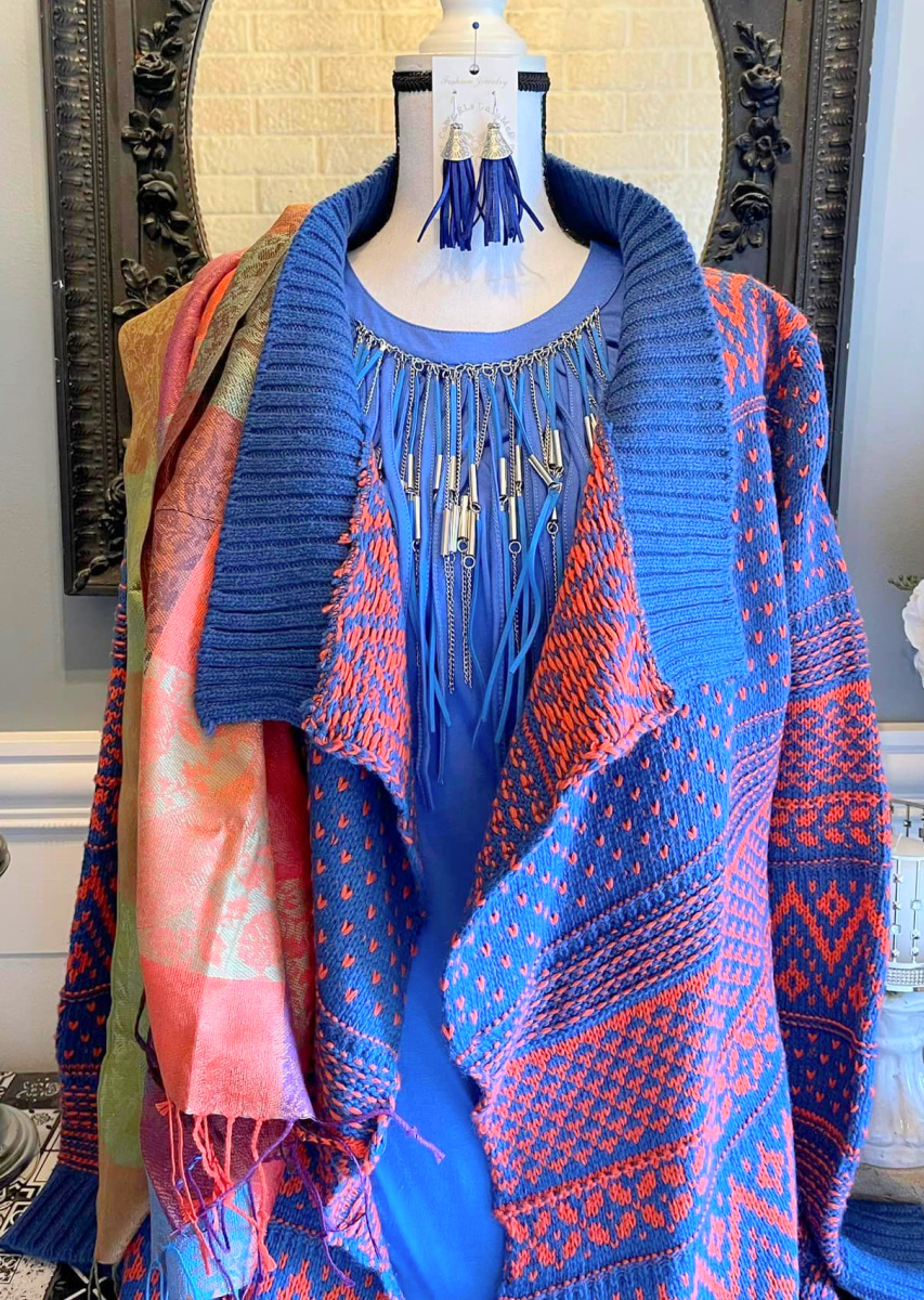 THE AZTEC CARDIGAN Bright Blue & Orange Knit Open Womens Western Sweater Cardiagn