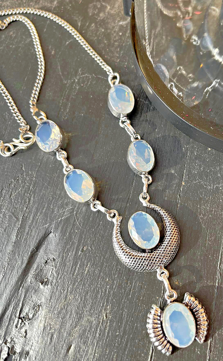 BOHO COWGIRL NECKLACE Faceted Milky Opal Gemstone 925 Silver Necklace