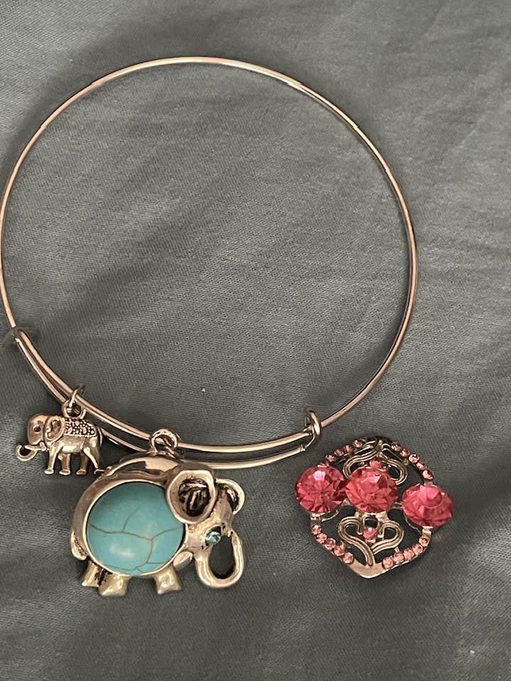 BOHEMIAN COWGIRL BRACELET Silver Turquoise Elephant & Pink Crystal Charm Bangle Bracelet