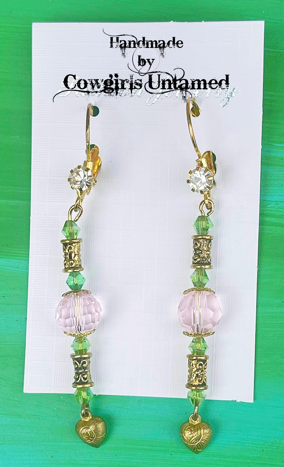 GOLDEN HEART EARRINGS Handmade Pink & Green Swarovski Crystal Antique Gold Heart Charm Vintage Rhinestone Earrings