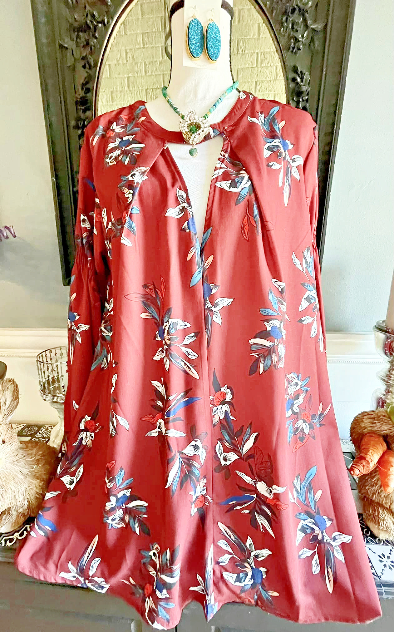 WILDFLOWER DRESS Turquoise Blue & White Floral High Low Keyhole Long Sleeve Red Boho Swing Mini Dress LAST ONE XL