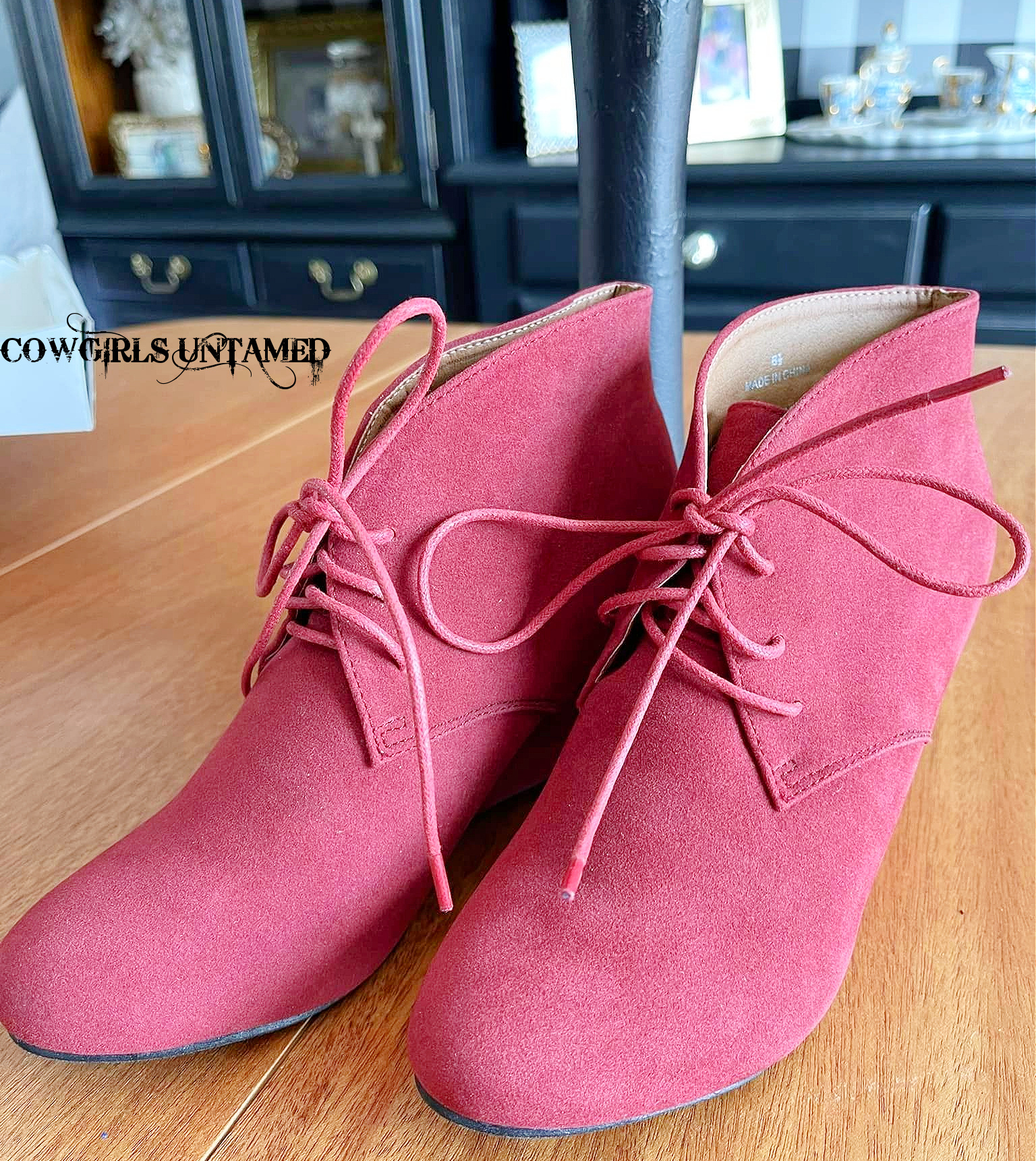 VINTAGE BOOTIES  Lace Up Red Faux Suede Vintage Style Wedge Ankle Booties ONLY 7/7.5 & 8/8.5