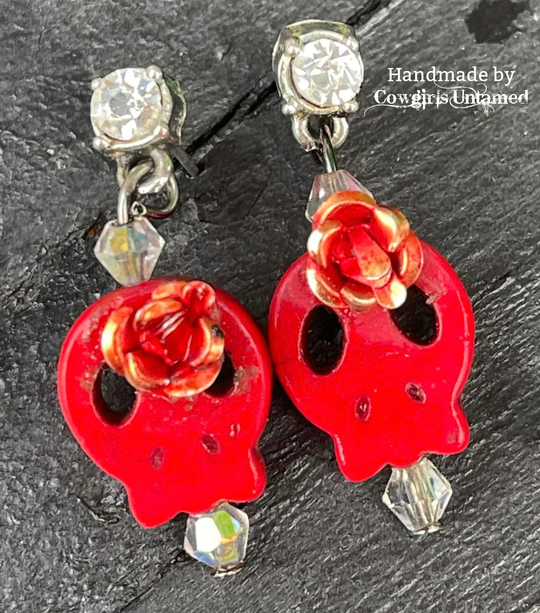 COWGIRLS ROCK EARRINGS Handmade Red Skull Flower Crystal Silver Rhinestone Dangle Earrings
