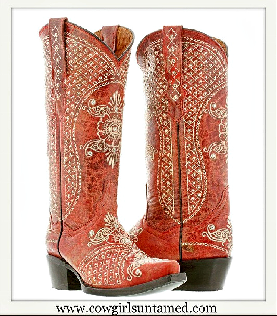 WILDFLOWER BOOTS Silver & Rhinestone Studded Floral Pattern Red Leather Cowgirl Boot SIZES 5.5-10