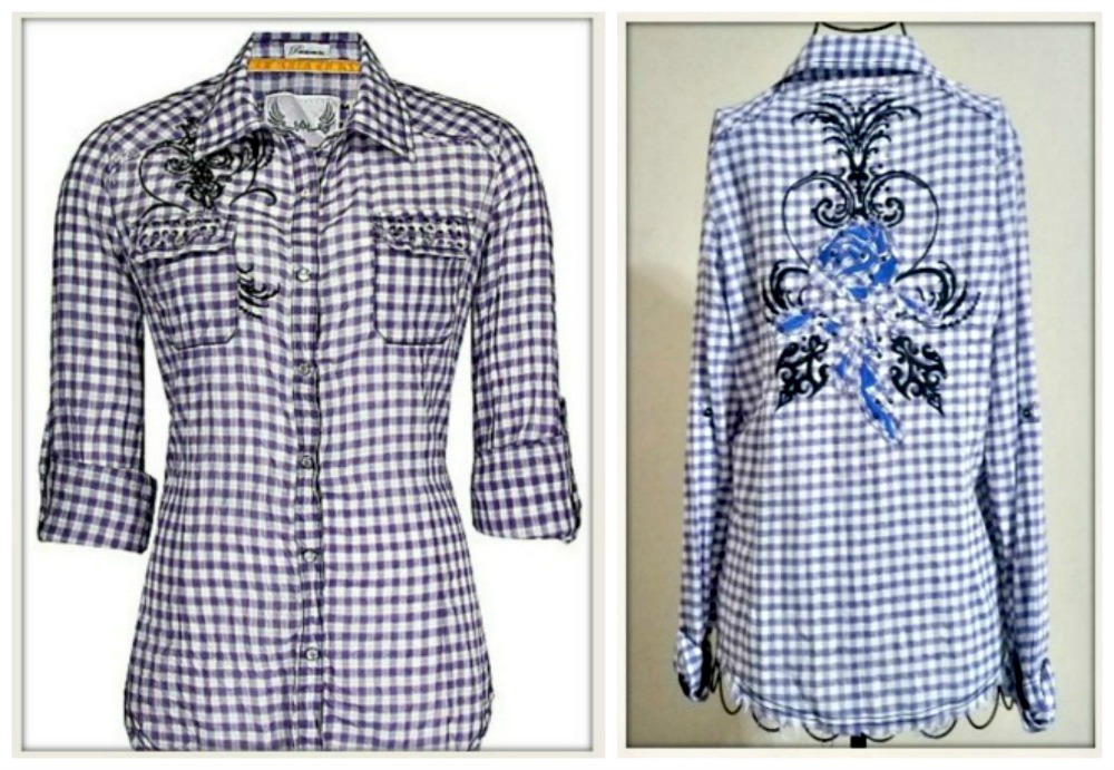WESTERN ROAR TOP Black Crystal & Embroidery on Purple & White Plaid Roll Up Sleeve Button Front Shirt LAST ONE M