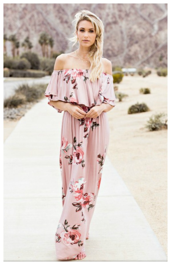 BOHEMIAN COWGIRL DRESS Off the Shoulder Pink Floral Maxi Dress
