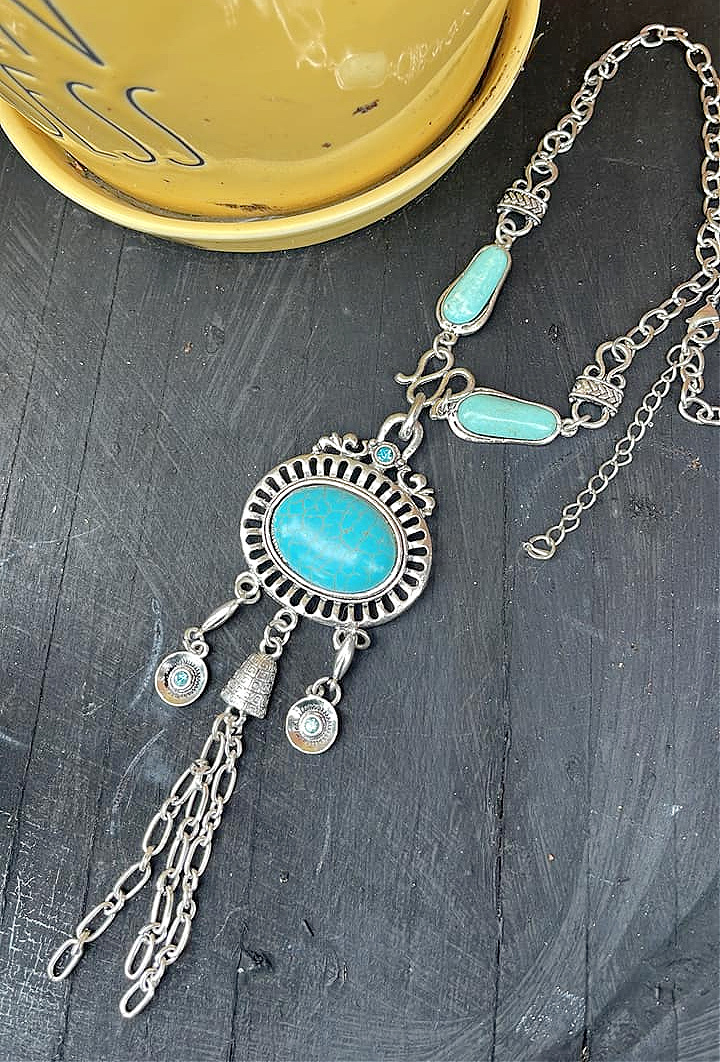 BOHEMIAN COWGIRL NECKLACE Blue Crystal & Turquoise Silver Chain Tassel Long Pendant Necklace