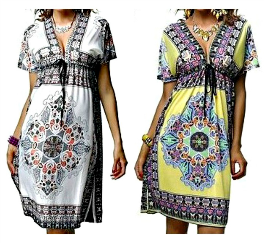 BOHO SUMMER DRESS Paisley Empire Elastic Waist V Neck & Back Boho Mini Dress 2 LEFT M/L